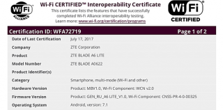 ZTE Blade A6 Lite получил сертификат Wi-Fi